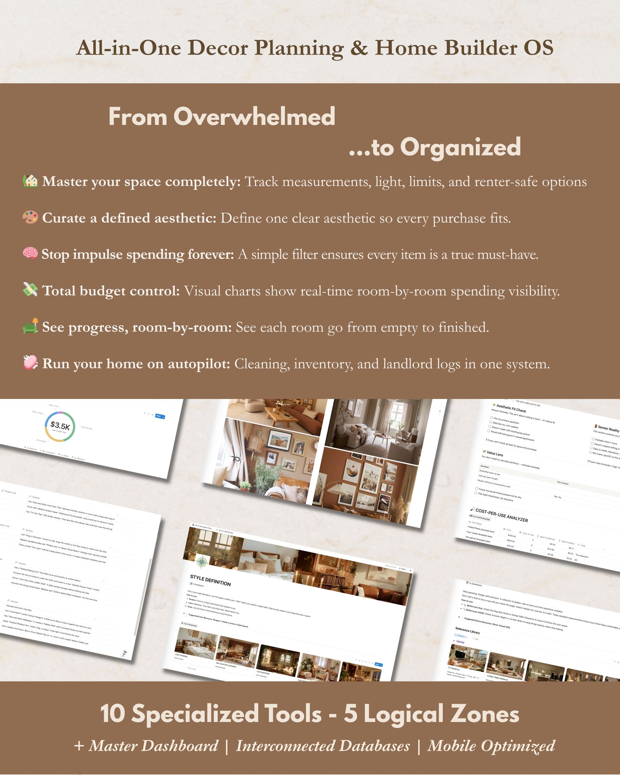The Notion OS home dashboard — entry point into Rooms, Budget, Buying Decisions, and Continuity for a renter's decorating workflow