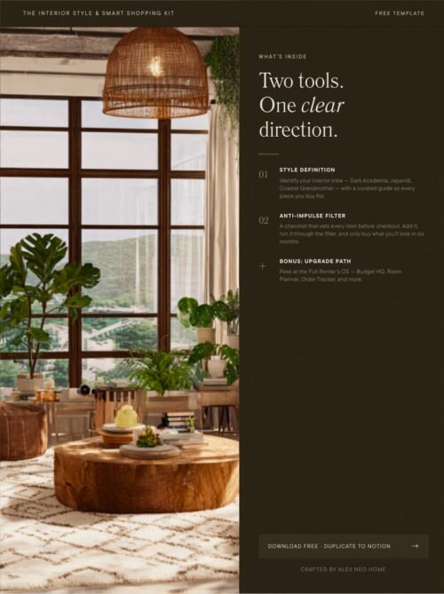 [FREE NOTION TEMPLATE] Interior Style & Smart Shopping Kit