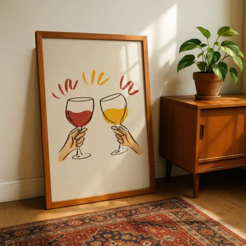 Cheers Art Print - Best Friend Gift - Watercolor Wine Toast Illustration