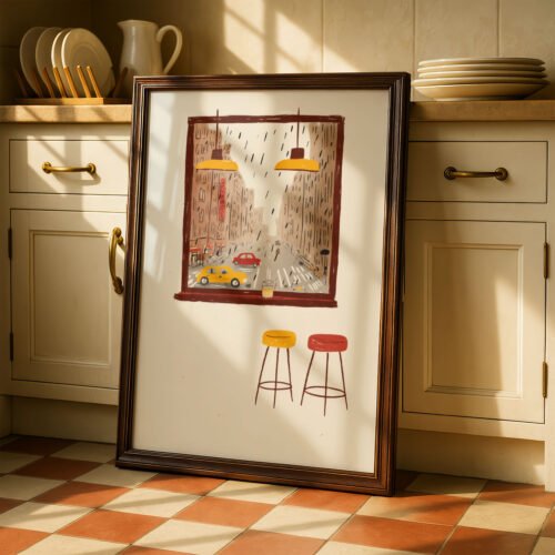 Cozy Bar Window View - Rainy Cityscape Print - Cafe Interior Wall Art