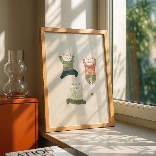 Trio of White Cats Dancing - Funny Nursery Decor - Sage Green Aesthetic Art