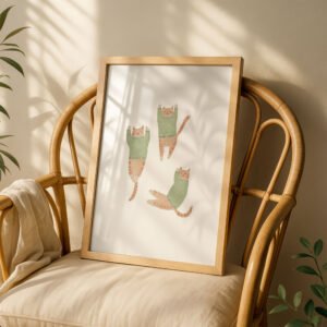 Trio of Brown Cats in Green Sweaters - Cozy Winter Art - Hygge Home Decor Print