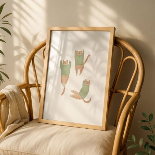 image.png Trio of Brown Cats in Green Sweaters - Cozy Winter Art - Hygge Home Decor Print