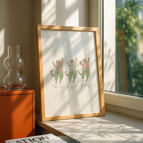 image.png Trio of Brown Cats in Green Sweaters - Cozy Winter Art - Hygge Home Decor Print