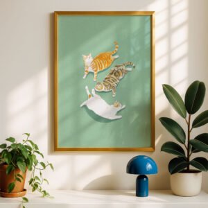 Playful Kitties Print - Jumping Cats  Art - Sage Green Kids Room