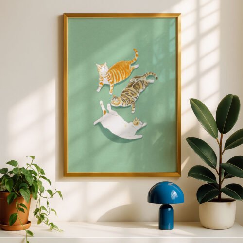 Playful Kitties Print - Jumping Cats  Art - Sage Green Kids Room