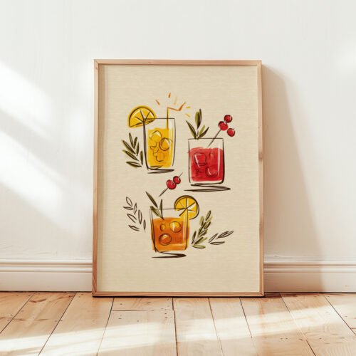 3-glass-drinks_6 Trio of Summer Cocktails - Kitchen Wall Decor - Colorful Drinks Illustration
