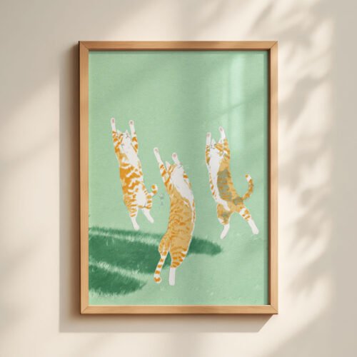 Playful Kitties Print - Jumping Cats  Art - Sage Green Kids Room