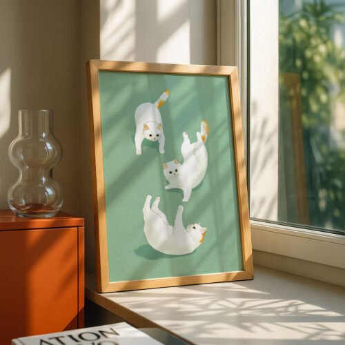 Playful Kitties Print - Jumping Cats  Art - Sage Green Kids Room
