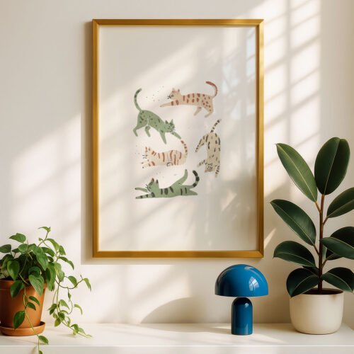 image.png Green and Beige Cats Stretching - Whimsical Pet Art - Gift for Cat Lovers