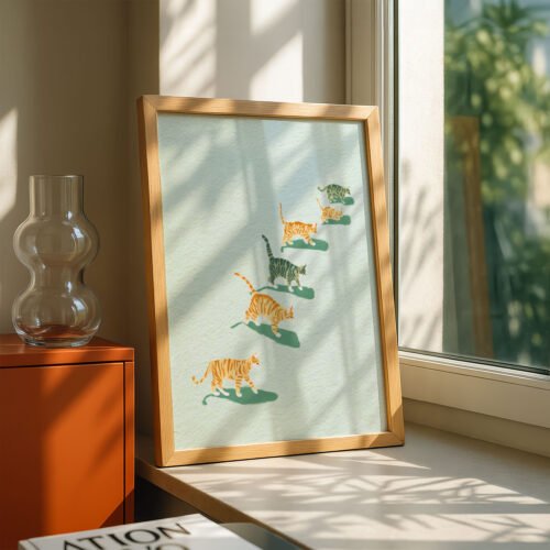 Line of Cats Art Print - Queue of Kitties - Minimalist Vertical Poster