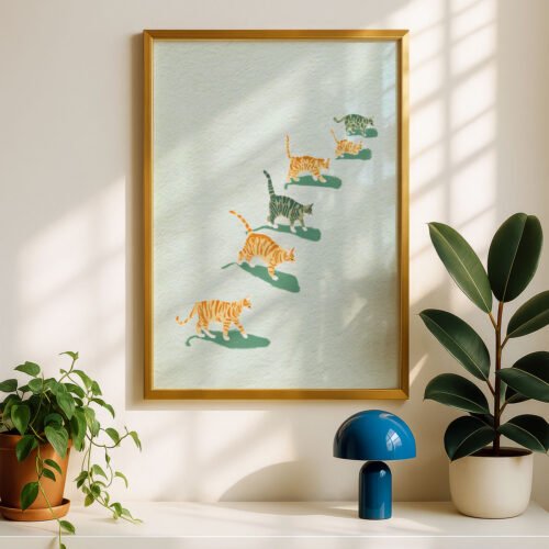Line of Cats Art Print - Queue of Kitties - Minimalist Vertical Poster