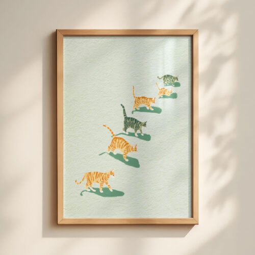 Line of Cats Art Print - Queue of Kitties - Minimalist Vertical Poster