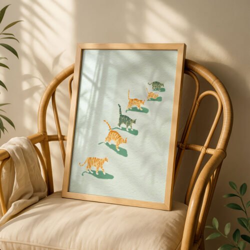 Line of Cats Art Print - Queue of Kitties - Minimalist Vertical Poster