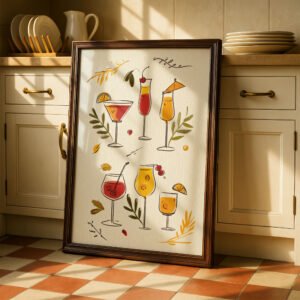 Cocktail Menu Poster - 6 Drinks Illustration - Kitchen Bar Chart Art