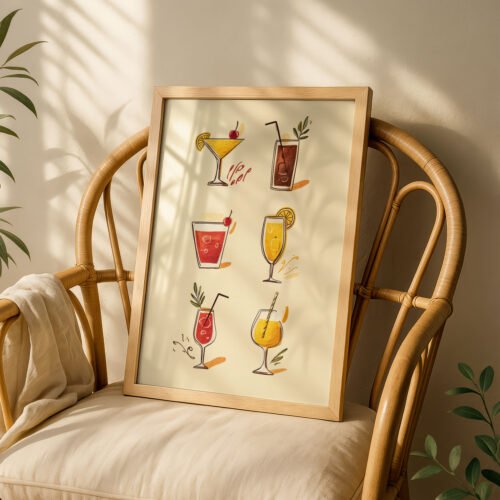 Cocktail Menu Poster - 6 Drinks Illustration - Kitchen Bar Chart Art