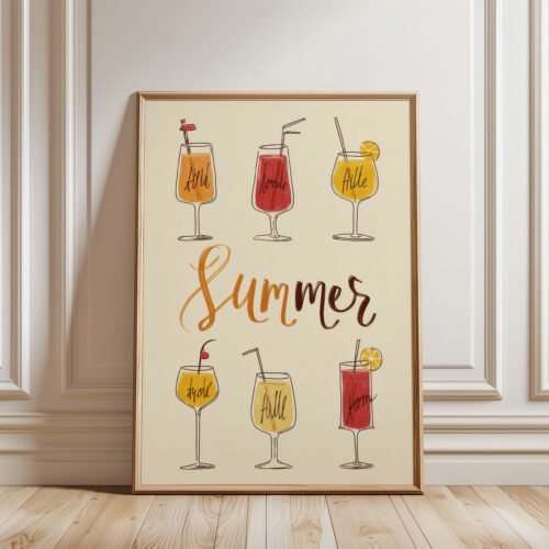 Cocktail Menu Poster - 6 Drinks Illustration - Kitchen Bar Chart Art