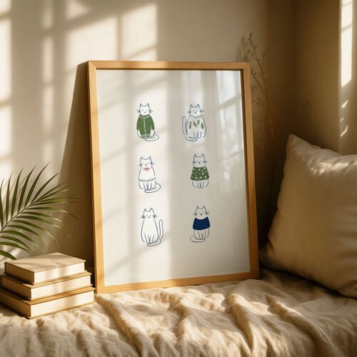 White Cats in Outfits Print - Funny Costume Art - Minimal Line Art Wall Decor