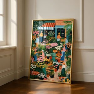 Busy Flower Market Art Print - Colorful Botanical Wall Decor - Whimsical City Scene
