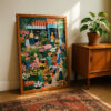 Busy Flower Market Art Print - Colorful Botanical Wall Decor - Whimsical City Scene