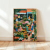 Busy Flower Market Art Print - Colorful Botanical Wall Decor - Whimsical City Scene
