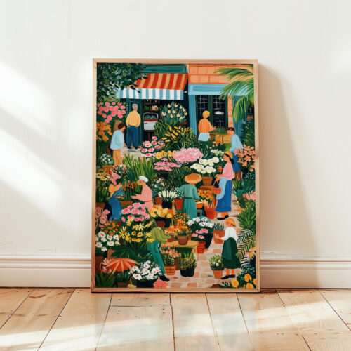 Busy Flower Market Art Print - Colorful Botanical Wall Decor - Whimsical City Scene