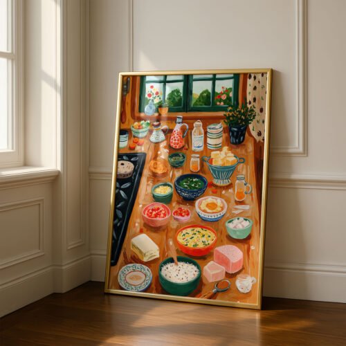 Rustic Baking Table Art Print - Farmhouse Kitchen Wall Decor - Watercolor Food Illustration