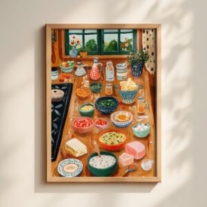 Rustic Baking Table Art Print - Farmhouse Kitchen Wall Decor - Watercolor Food Illustration