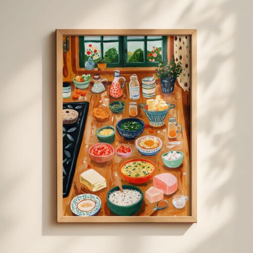 Rustic Baking Table Art Print - Farmhouse Kitchen Wall Decor - Watercolor Food Illustration