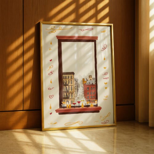image.png City Bar View Art - Urban Window Scene - Relaxing Rain Vibes Print