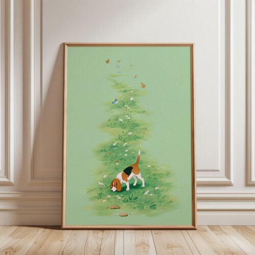 Beagle-sniffling-flower-trail_5 Beagle Nursery Wall Decor – Cute Dog in Nature Print – Gift for Beagle Lover