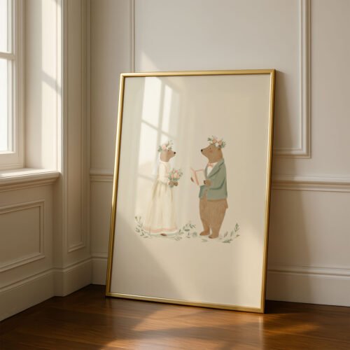 Bear Bride and Groom Print - Woodland Wedding Gift - Vintage Couple Art