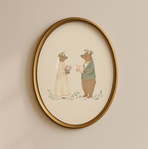 Bear Bride and Groom Print - Woodland Wedding Gift - Vintage Couple Art