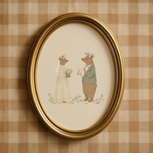 Bear Bride and Groom Print - Woodland Wedding Gift - Vintage Couple Art