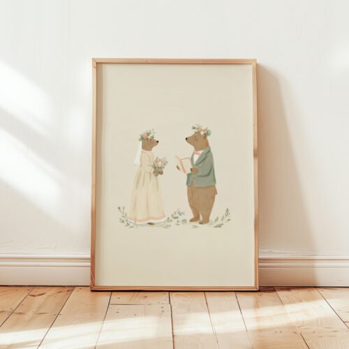 Bear Bride and Groom Print - Woodland Wedding Gift - Vintage Couple Art