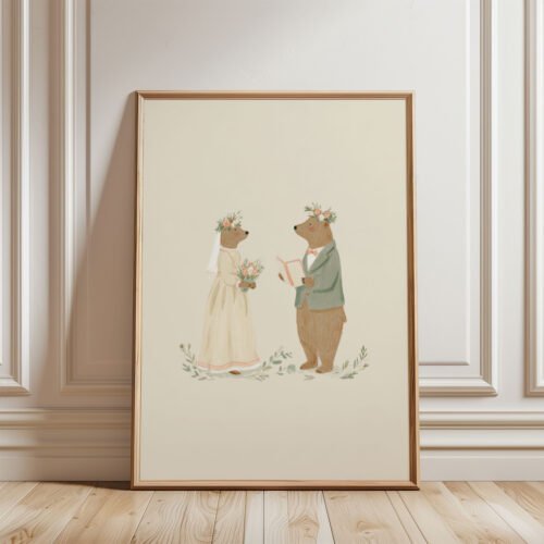 Bear Bride and Groom Print - Woodland Wedding Gift - Vintage Couple Art