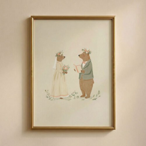 Bear Bride and Groom Print - Woodland Wedding Gift - Vintage Couple Art