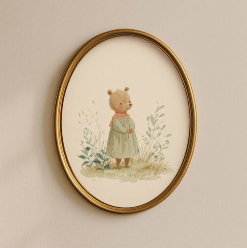 Vintage Bear Girl Art Print - Bear in Dress Illustration - Cottagecore Nursery Decor