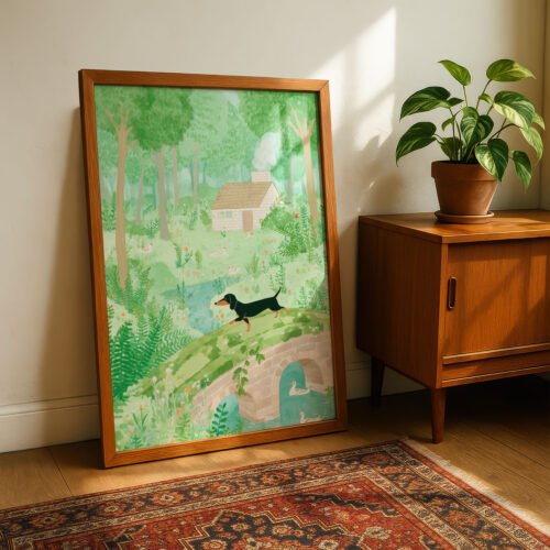 image.png Dachshund Nursery Wall Art – Whimsical Forest Dog Print – Gift for Weiner Dog Lover
