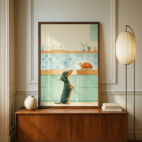 Dachshund Kitchen Wall Art – Funny Dog Hungry Print – Gift for Sausage Dog Lover