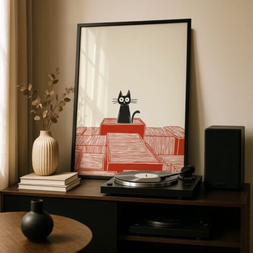Cat in Records Box - Music Room Decor