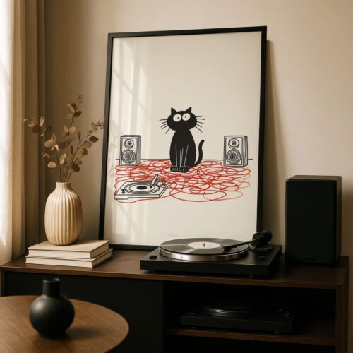 image.png Confused Cat with Speakers - Funny Cat Wall Art