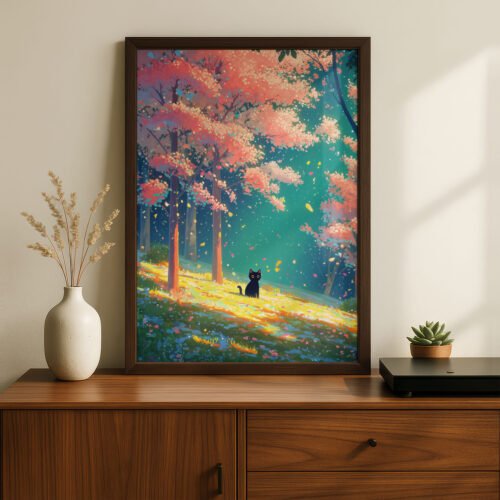 Set of 4 - Four Seasons Wall Art Print Set - Black Cat In The Woods