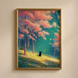 Black Cat in Pink Blossom Spring Forest – Fantasy Nature Decor Wall Art
