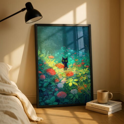 Black Cat & Giant Mushroom Forest – Dreamy Nature Print Decor