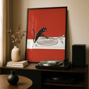 Black Cat Music Room Art – Funny DJ Vinyl Record Print – Gift for Cat Lover