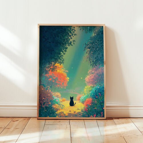 Black Cat Among Colorful Flowers & Trees – Soft Dreamy Nature Art Style