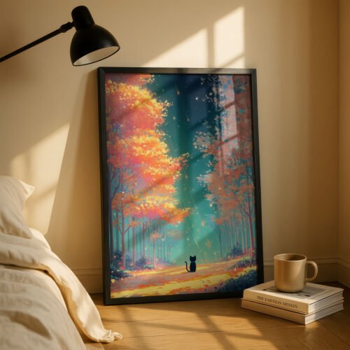 image.png Black Cat Forest Wall Art – Autumn Tree Forest – Cozy Woodland Printable Art
