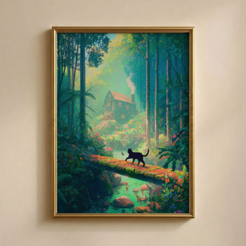 Black Cat on Cabin Path in the Forest – Cottagecore Woodland Illustration