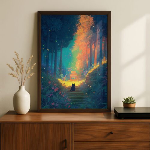 Black Cat Among Colorful Flowers & Trees – Soft Dreamy Nature Art Style